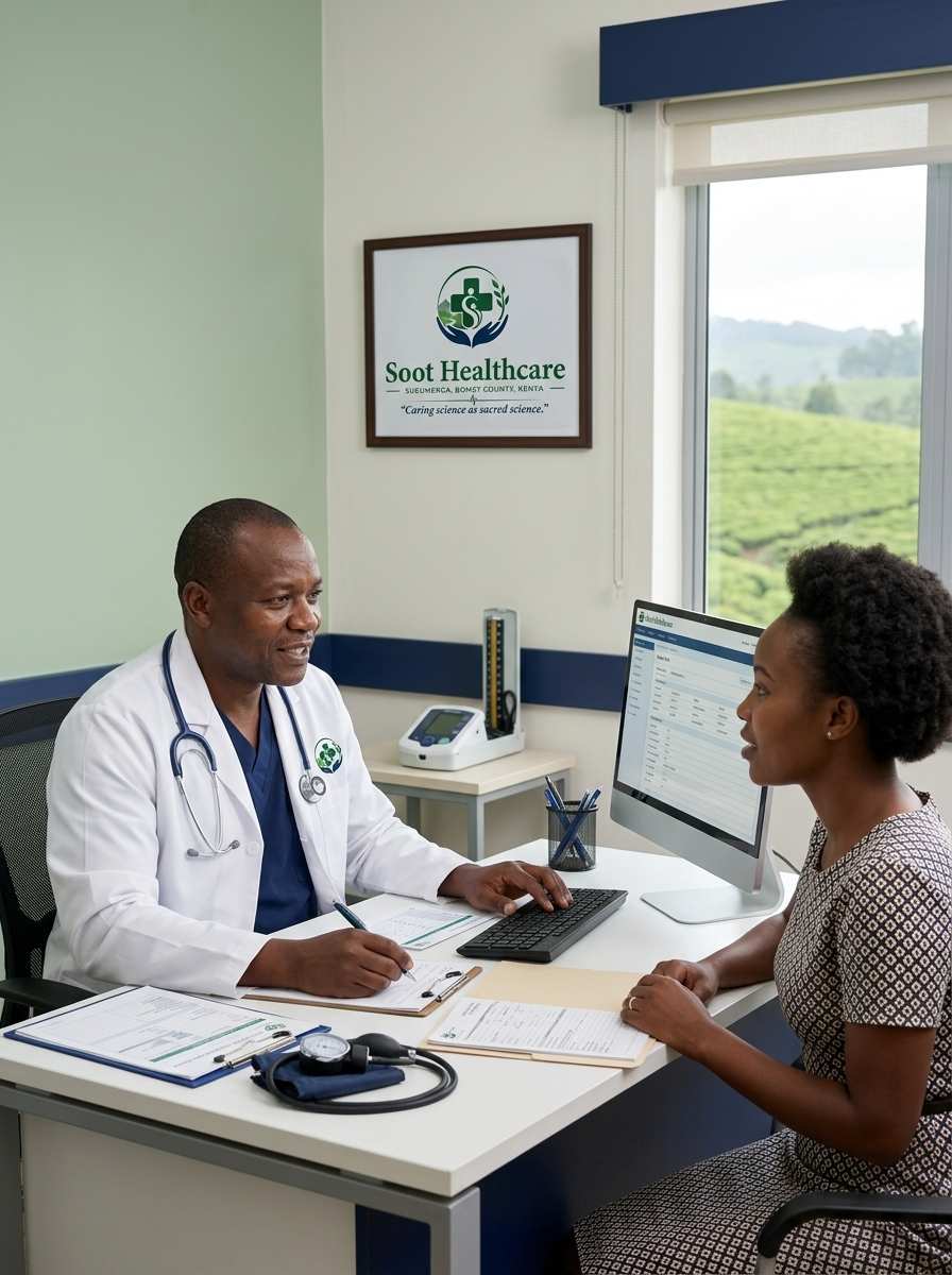 Doctor consulting a patient with the Bomet County tea plantation view